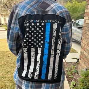 Honor Serve Protect Blue Flag Flannel Shirt Upcycled unisex Size XL X- Large